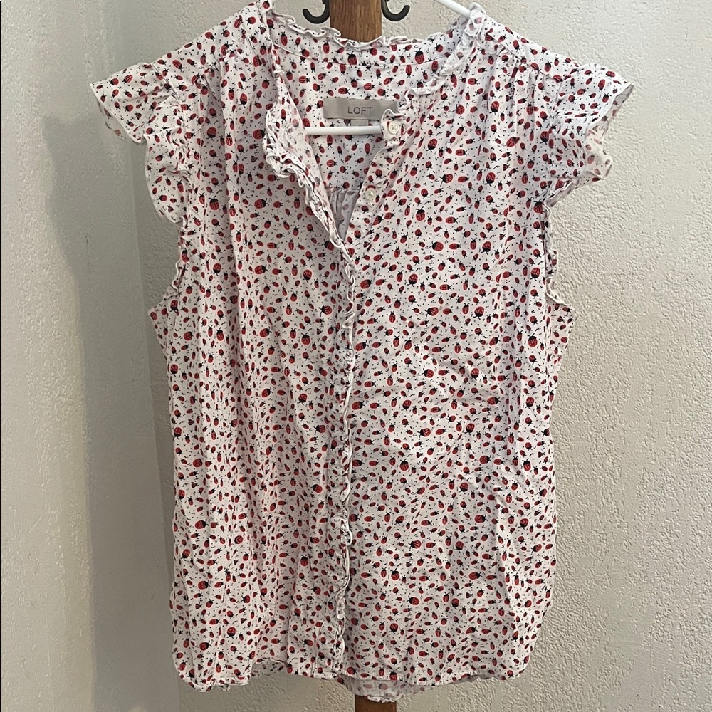 Loft ladybug ruffle cap sleeve top NWOT